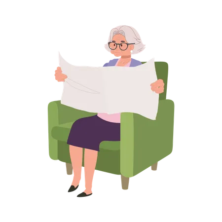 Mujer anciana disfrutando de una lectura tranquila del periódico en un sofá acogedor  Ilustración