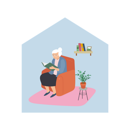 Mujer anciana leyendo un libro en casa  Ilustración