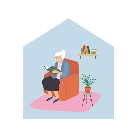 Mujer anciana leyendo un libro en casa  Ilustración