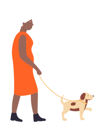 Mujer anciana caminando con perro  Ilustración