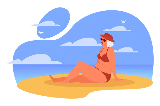 Mujer anciana relajándose en la playa  Ilustración