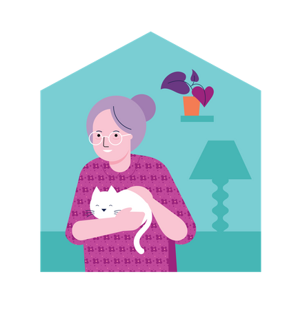 Mujer envejecida sosteniendo gato  Ilustración