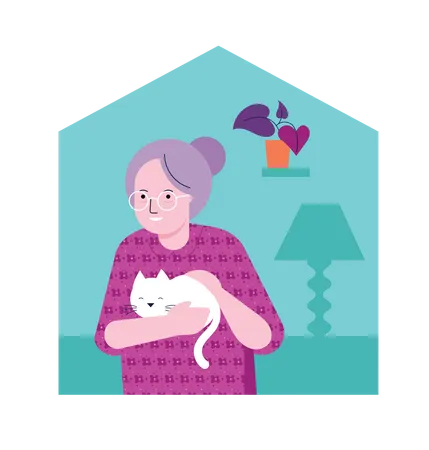 Mujer envejecida sosteniendo gato  Ilustración