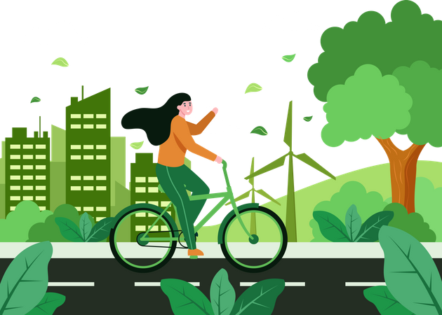 Mujer montando en bicicleta en el Día Mundial sin Coches  Ilustración
