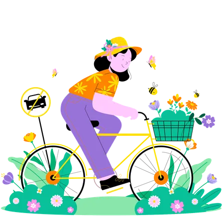 Mujer montando bicicleta en primavera  Ilustración