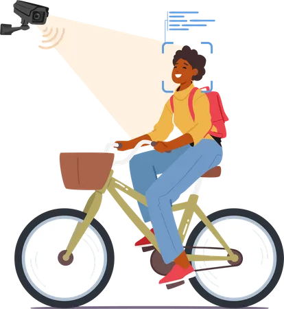 Mujer montando en bicicleta y sistema de reconocimiento facial  Ilustración