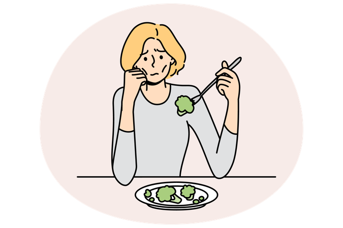 Mujer anoréxica infeliz sufre por comer comida  Ilustración