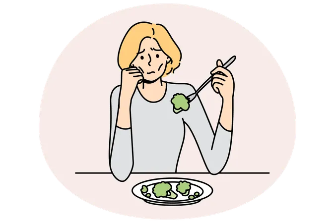 Mujer anoréxica infeliz sufre por comer comida  Ilustración