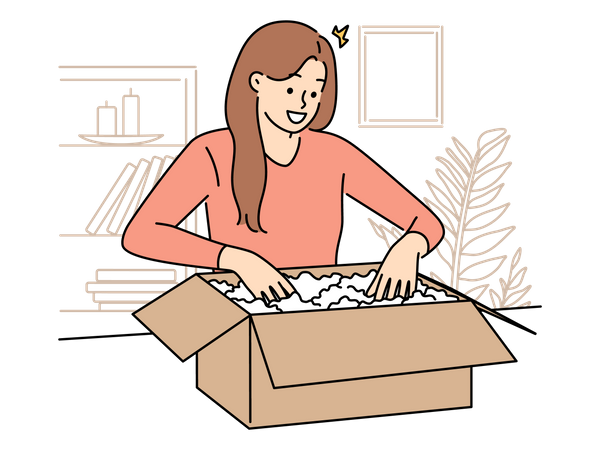 Mujer abriendo paquete  Ilustración