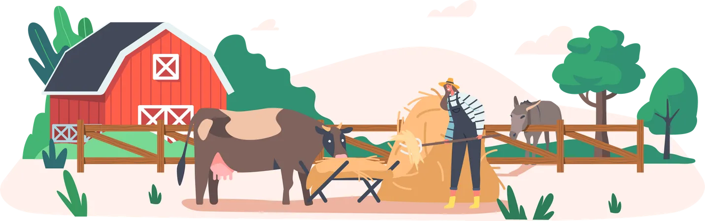 Agricultura Actividad Laboral Ganadero Mujer Joven Granjera Alimentando A La Vaca Poniendo Paja En El Comedero Personaje Femenino En El Proceso De Trabajo Cuidado De Animales Domesticos En Granja Ganadera Ilustracion Vectorial De Dibujos Animados Ilustración