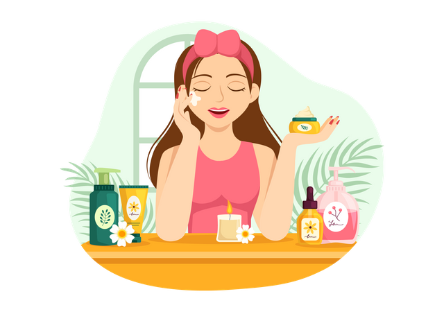 Mujer aplicando crema facial  Ilustración