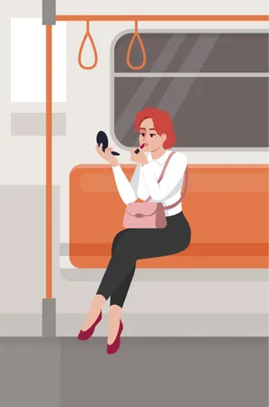 Mujer aplicando lápiz labial en tren  Ilustración