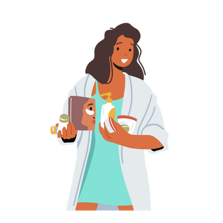 Mujer aplicando loción y producto para el cuidado de la piel  Ilustración