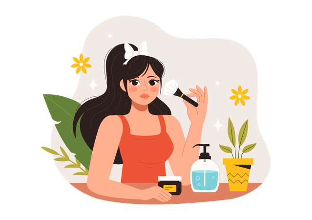 Mujer aplicando maquillaje en la cara usando un pincel  Ilustración