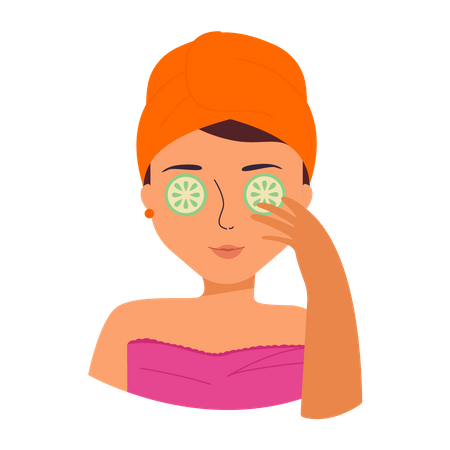 Mujer aplicando mascarilla de pepino  Ilustración