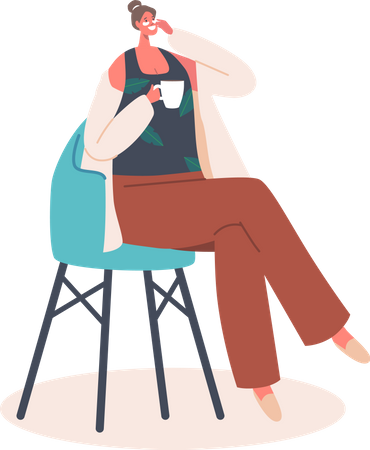 Mujer aplicando mascarilla mientras bebe té  Ilustración