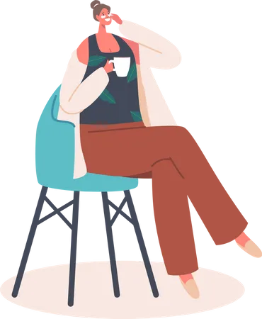 Mujer aplicando mascarilla mientras bebe té  Ilustración