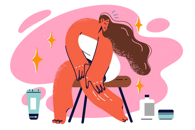 Mujer aplicando producto cosmético en el cuerpo  Ilustración