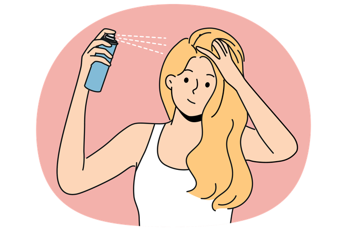 Mujer poniéndose laca para el cabello mientras se prepara para ir a una cita o fiesta y quiere estar más bella.  Ilustración