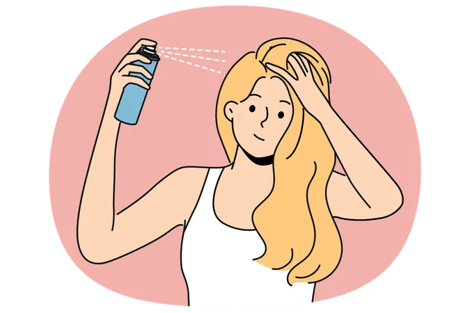 Mujer poniéndose laca para el cabello mientras se prepara para ir a una cita o fiesta y quiere estar más bella.  Ilustración