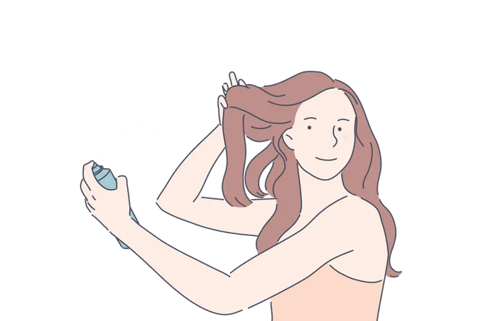 Mujer aplicar spray para el cabello  Ilustración