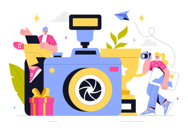 Mujer aprende curso de fotografía  Illustration