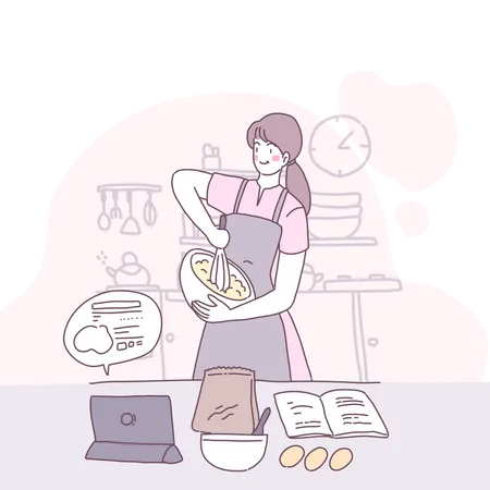 Mujer aprendiendo a cocinar usando clases en línea  Ilustración