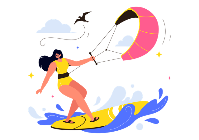 Mujer aprendiendo kitesurf  Ilustración