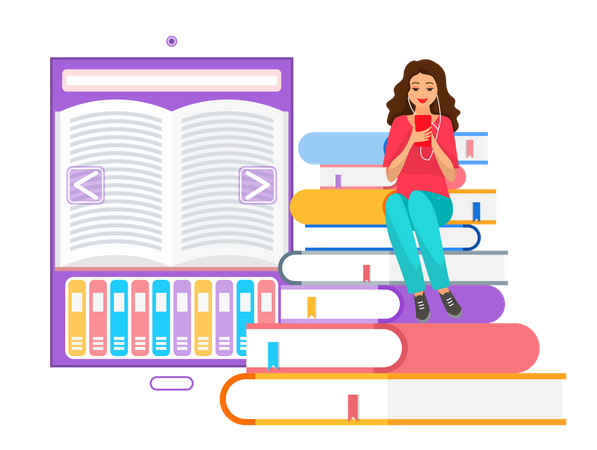 Mujer aprendiendo literatura en línea  Ilustración