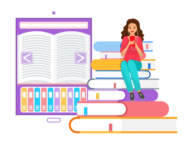 Mujer aprendiendo literatura en línea  Ilustración