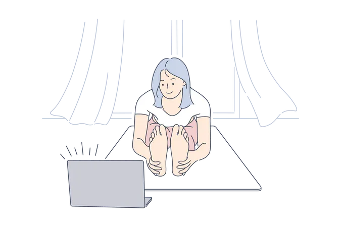 Mujer aprendiendo yoga con un tutorial en línea  Ilustración