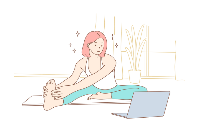 Mujer aprendiendo yoga con un tutorial en línea  Ilustración