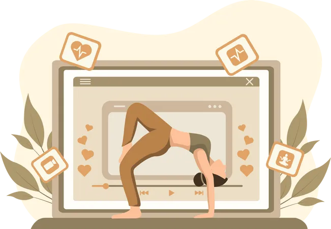 Mujer aprendiendo yoga viendo video  Ilustración