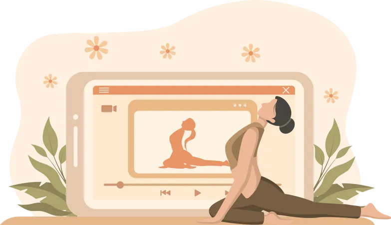 Mujer aprendiendo yoga viendo videos en el móvil  Ilustración