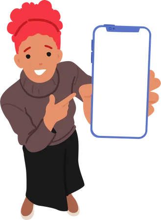 Mujer apuntando a la pantalla del teléfono inteligente  Ilustración