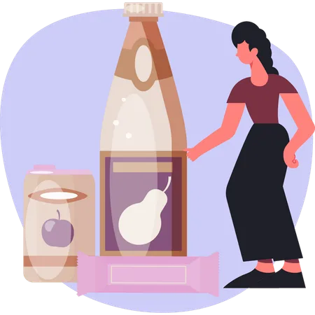 Mujer señalando una botella de jugo  Ilustración