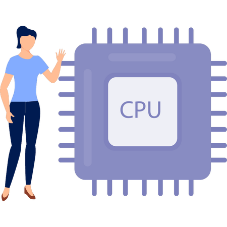 Mujer señalando el procesador de la CPU  Ilustración