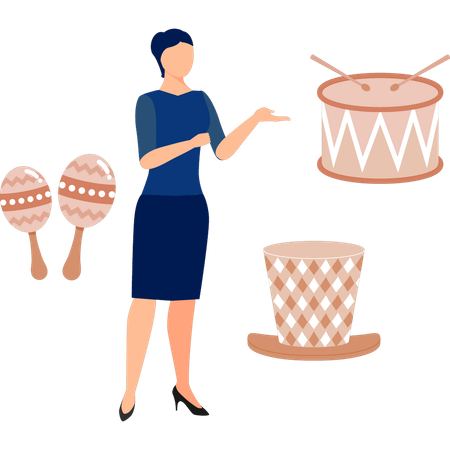 Mujer señalando música con maracas  Ilustración