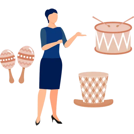 Mujer señalando música con maracas  Ilustración