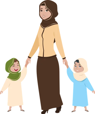Mujer árabe caminando con niños  Ilustración