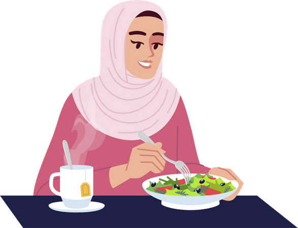 Mujer árabe comiendo ensalada con té caliente  Ilustración