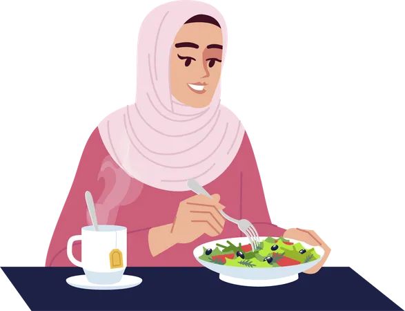 Mujer Musulmana Comiendo Ensalada Con Te Ilustracion Vectorial De Color RGB Semiplano Nutricion Vegetariana Dieta Vitaminica Senora Arabe Disfrutando De Comida Saludable Personaje De Dibujos Animados Aislado Sobre Fondo Blanco Ilustración