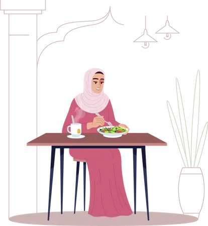 Senora Comiendo Ensalada Con Te De Hierbas Ilustracion Vectorial De Color RGB Semiplano Nutricion Saludable Dieta Vegana Mujer Musulmana En Hijab Disfrutando Del Almuerzo Personaje De Dibujos Animados Aislado Sobre Fondo Blanco Ilustración