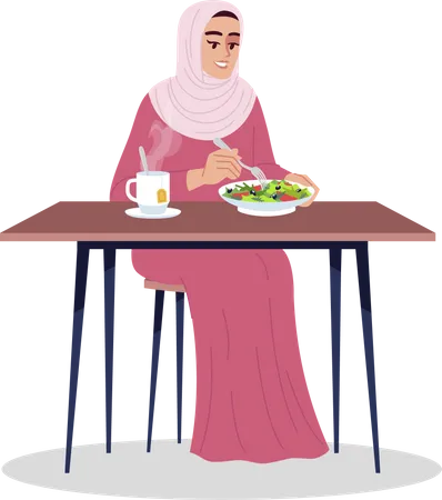 Mujer Arabe Comiendo Ensalada Con Te Caliente Ilustracion Vectorial De Color RGB Semiplano Nutricion Saludable Consumo De Alimentos Organicos Dama Vegetariana Musulmana Personaje De Dibujos Animados Aislado Sobre Fondo Blanco Ilustración