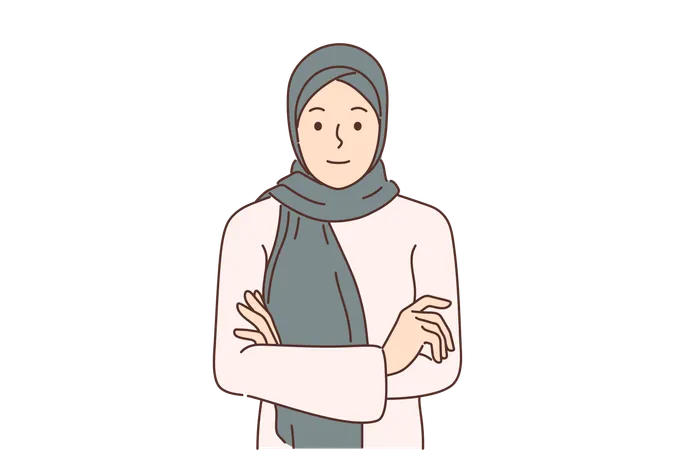 Mujer árabe con hijab está de pie con los brazos cruzados  Ilustración