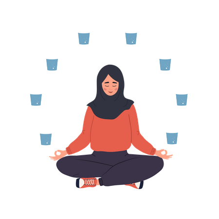 Mujer árabe en posición de loto con vasos de agua  Ilustración