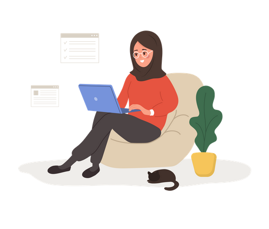 Una mujer árabe exitosa se sienta con una computadora portátil y resuelve problemas laborales  Ilustración