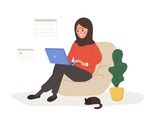 Una mujer árabe exitosa se sienta con una computadora portátil y resuelve problemas laborales  Ilustración