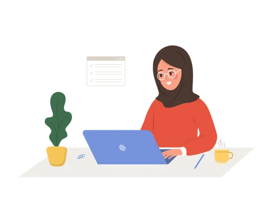 Mujer árabe exitosa sentada a la mesa con una computadora portátil y resuelve problemas de trabajo  Ilustración