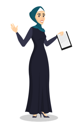 Mujer árabe sosteniendo portapapeles  Ilustración